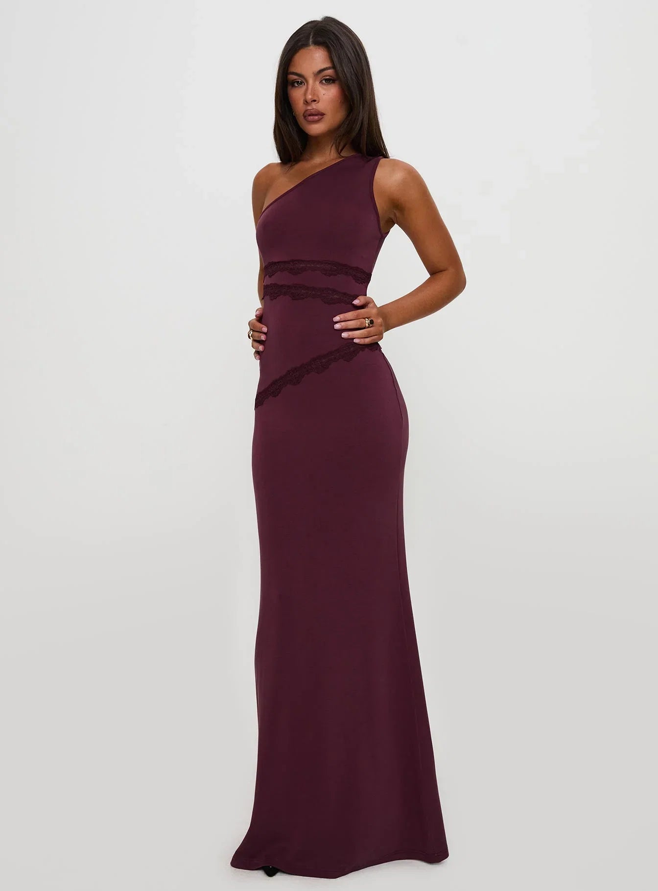 Ultraviolet One Shoulder Lace Maxi Dress Wine