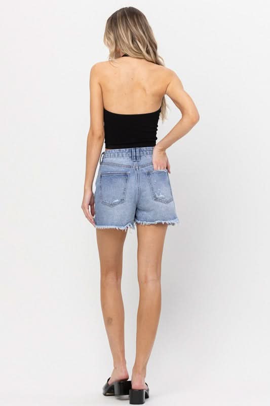 Tara Medium Wash High Rise Distressed Denim Shorts