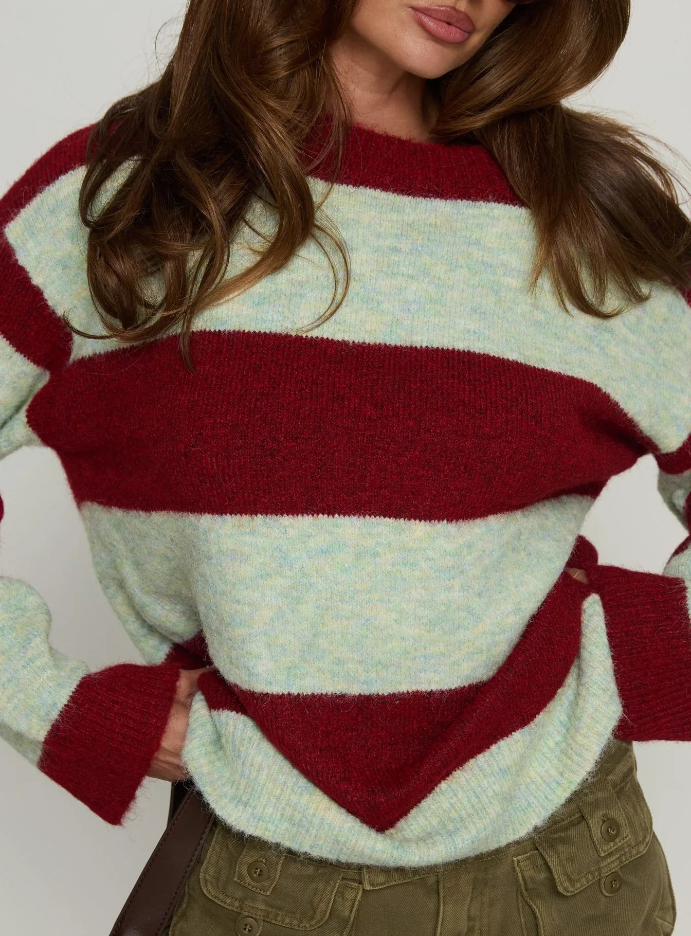 Nesha Fluffy Knit Sweater Red Blue Stripe