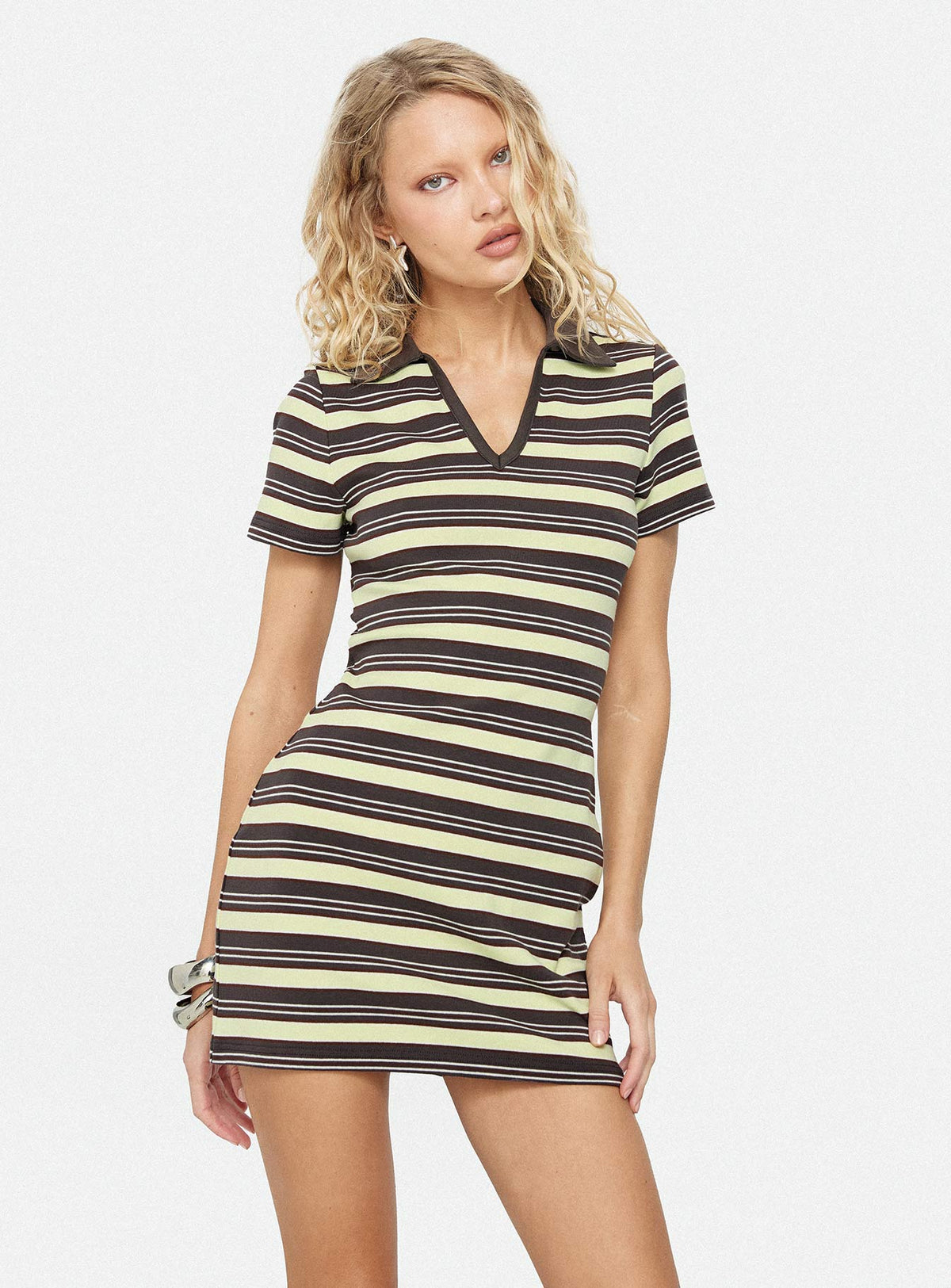 Zuria Collared V neck Mini Dress Brown Yellow Stripe