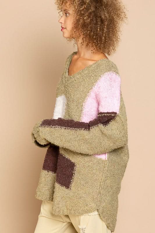 Betty Green Colorblock V Neck Sweater