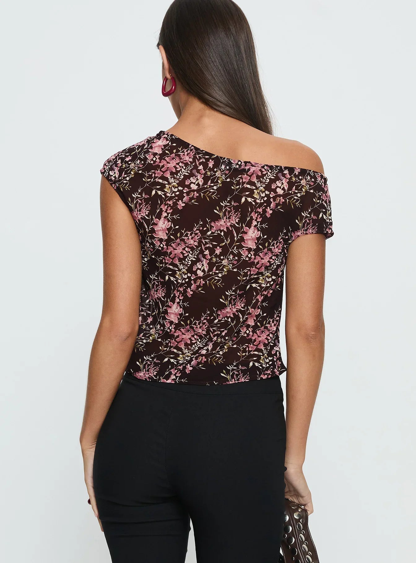 Justyna Sheer Top Off Shoulder Top Brown Pink Floral