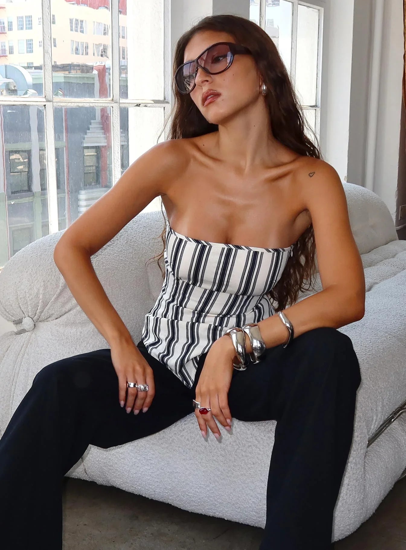 Palo Alto Strapless Scarf Top Black White Stripe