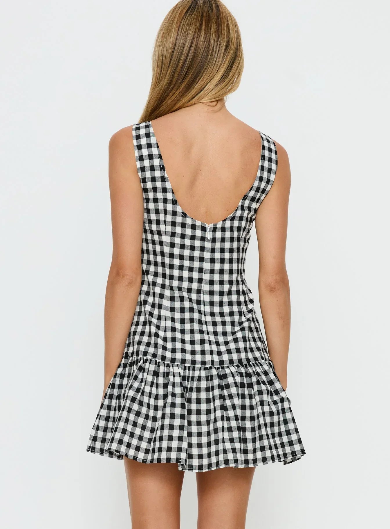 Kolbie Boat Neck Frill Mini Dress Black White Check