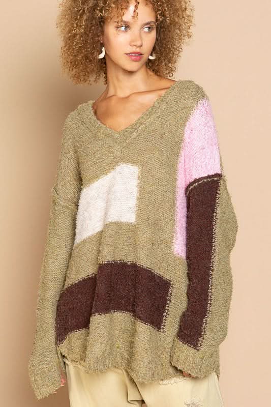 Betty Green Colorblock V Neck Sweater