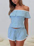 Summertime Sadness Off Shoulder Set Blue Stripe