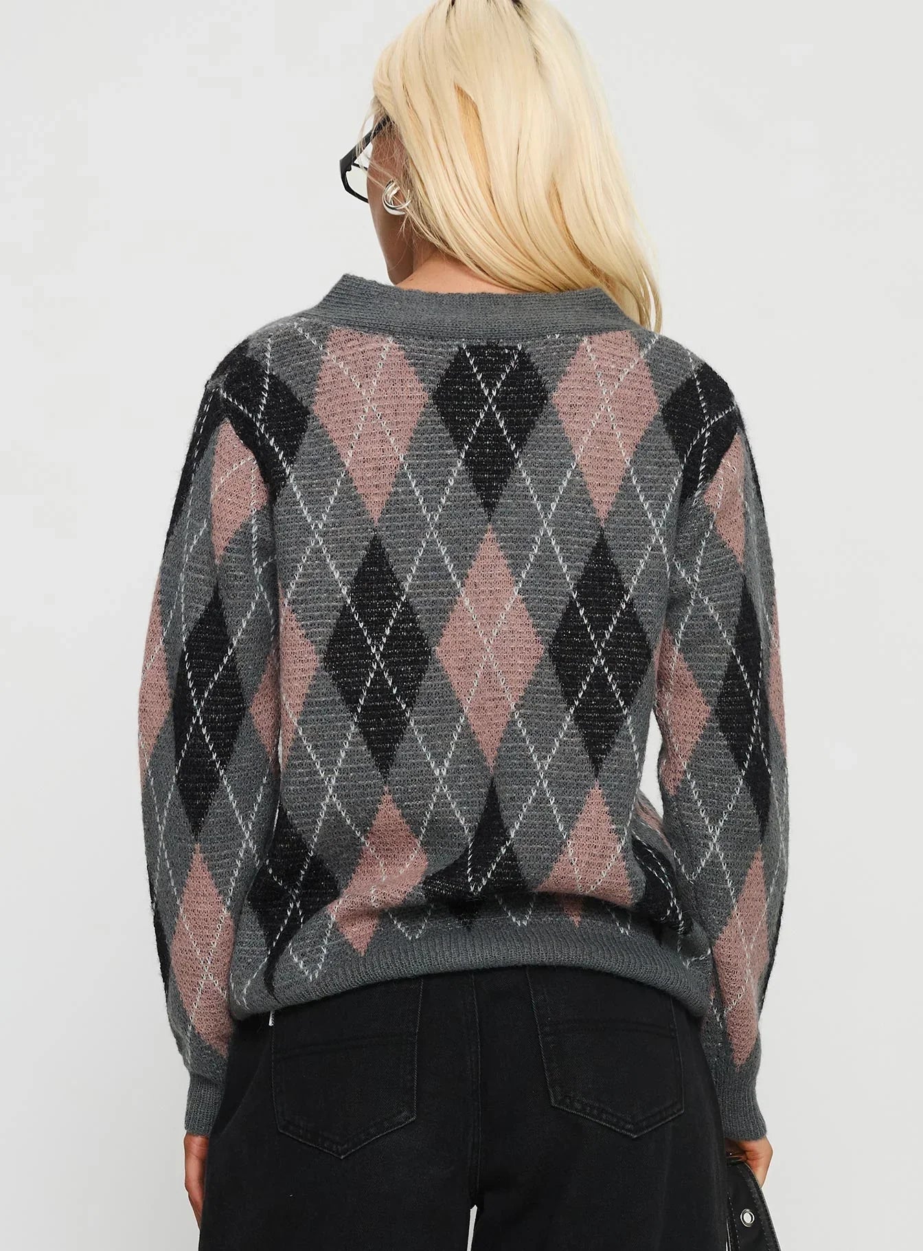 Zeeva Button Through Knit Cardigan Grey Argyle