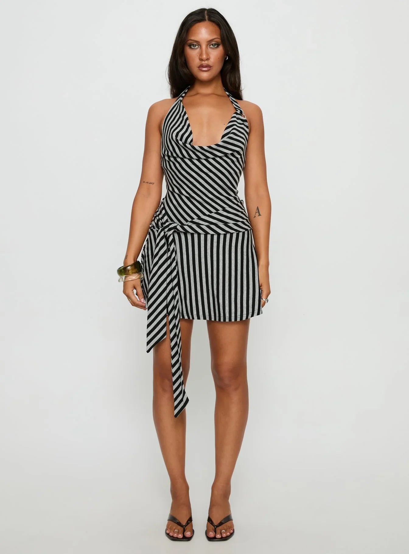 Terika Plunge Neck Halter Mini Dress Grey Black