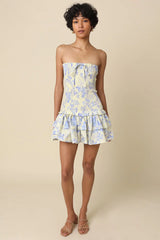 Aimee Cream Blue Floral Strapless Mini Dress