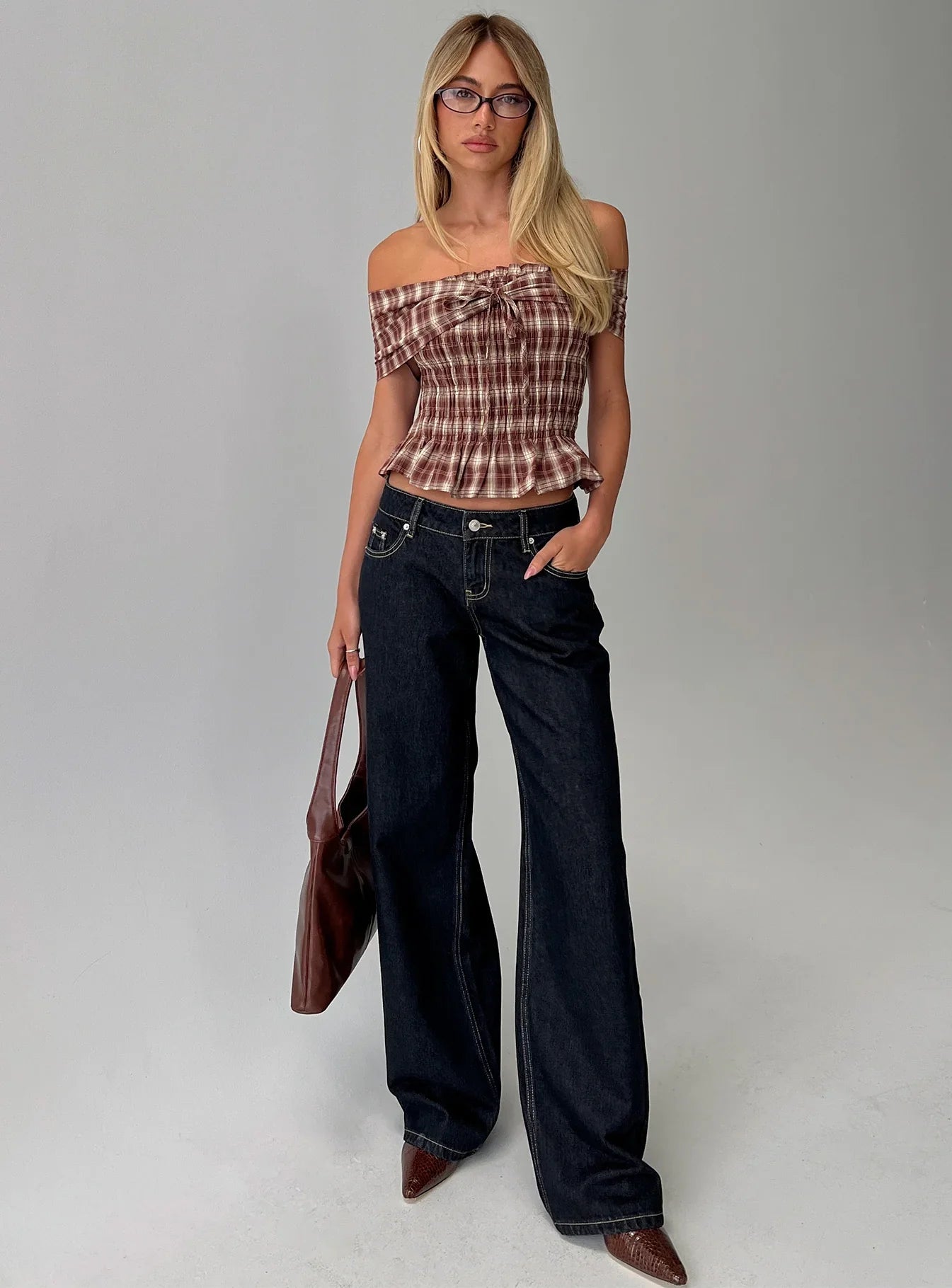 Avalynn Off Shoulder Shirred Top Brown Check
