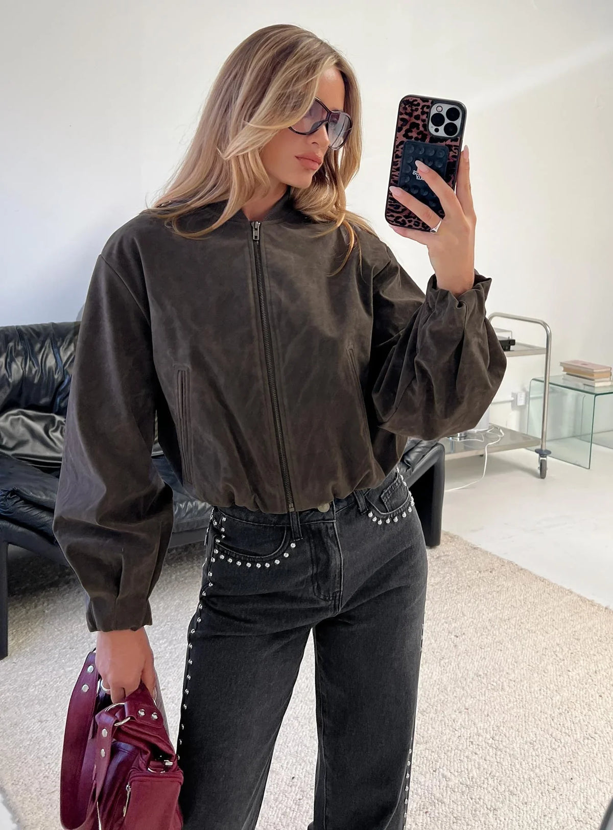 Mastery Faux Suede Bomber Jacket Charcoal