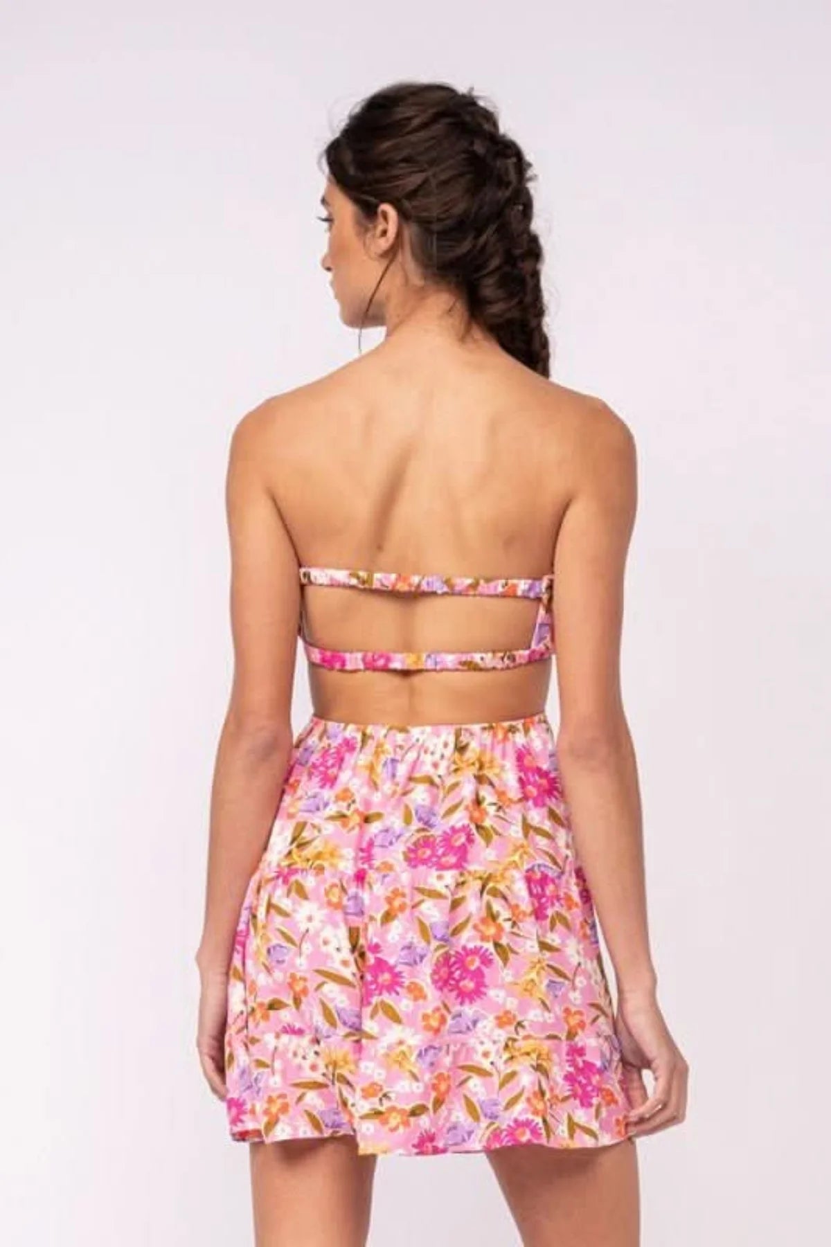 Rachel Pink Daisy Print Strapless Mini Dress