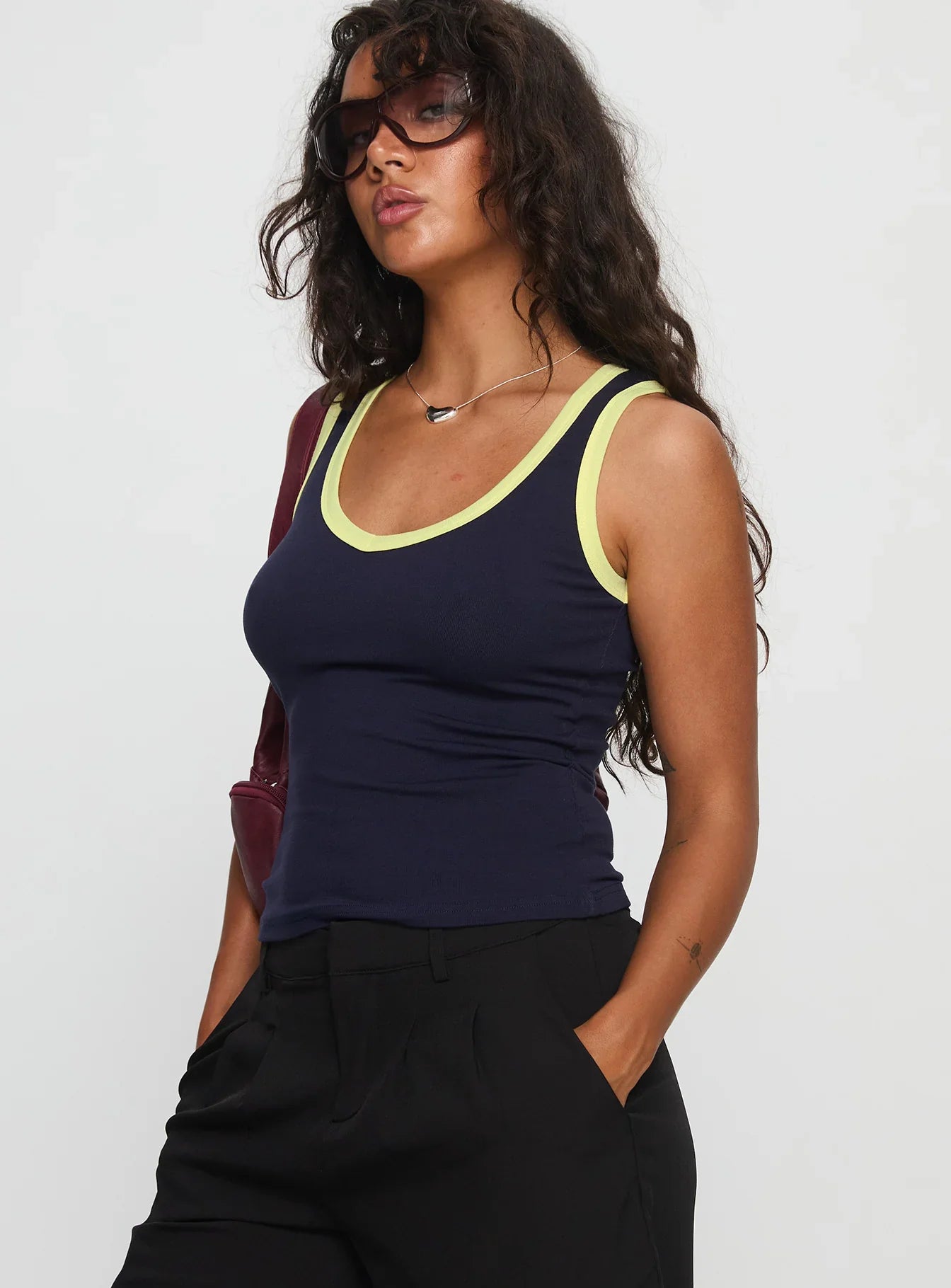 Elionne V Neck Contrast Top Navy Yellow