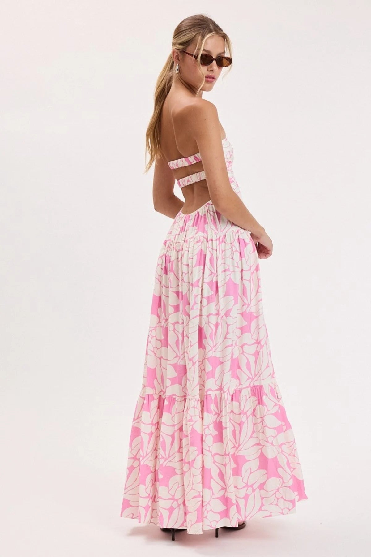 Brisa Pink Tropical Floral Strapless Maxi Dress