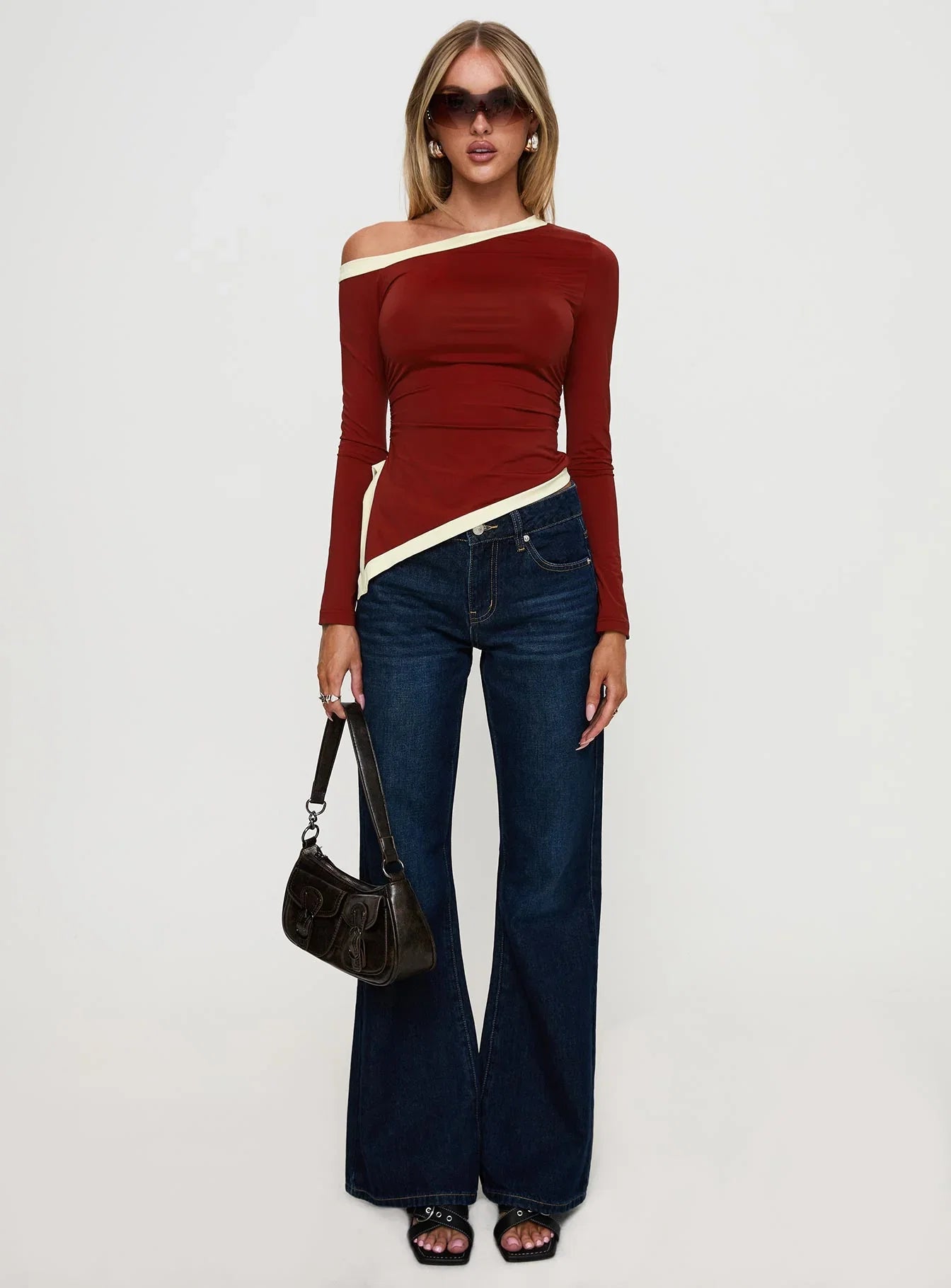 Fake Smile Long Sleeve Top Burgundy Cream