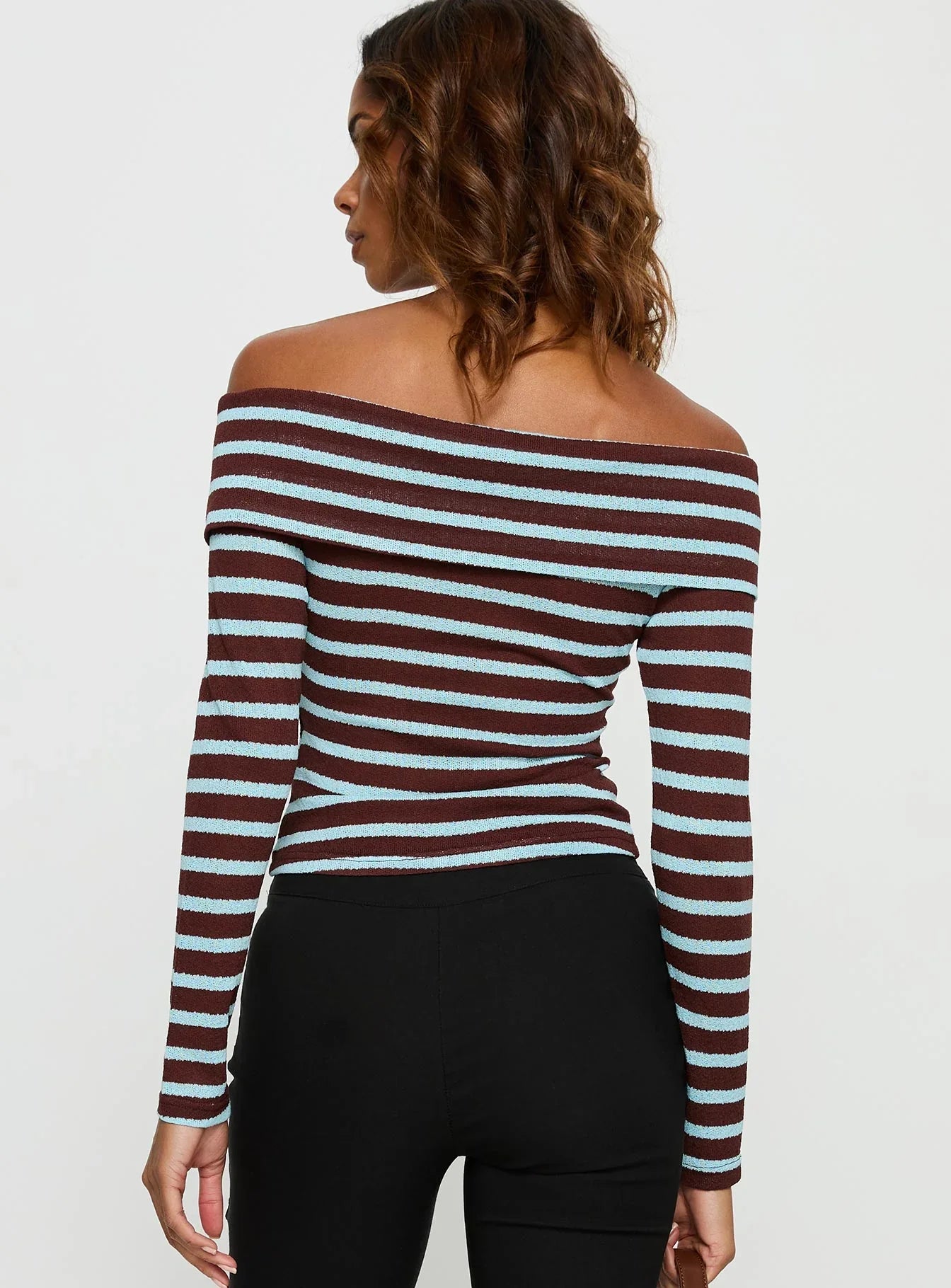 Raelena Off Shoulder Long Sleeve Top Blue Brown Stripe