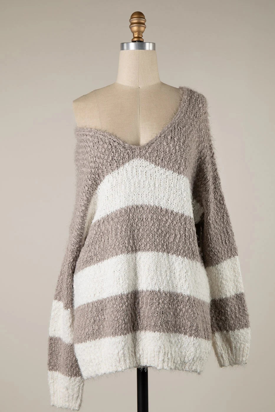 Gwyneth Mocha Striped V Neck Pullover