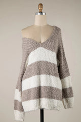 Gwyneth Mocha Striped V Neck Pullover