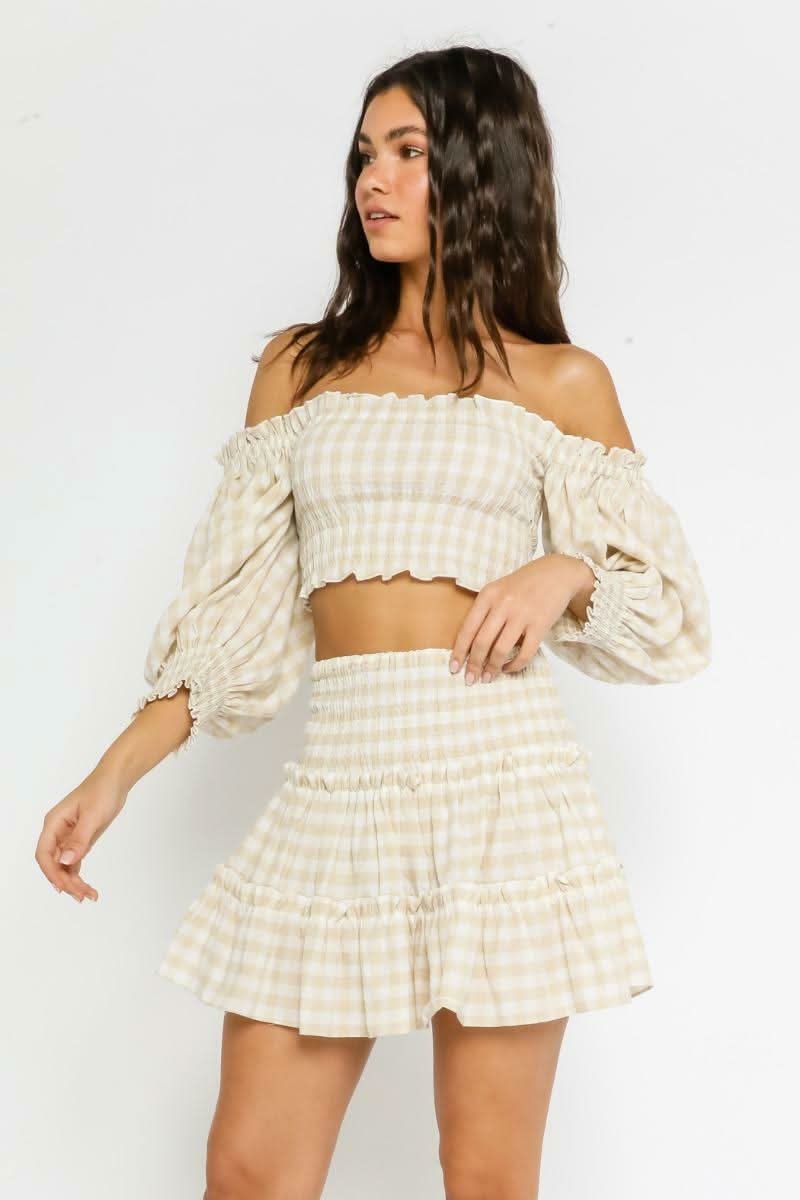 XOXO Khaki Gingham Smocked Off the Shoulder Dress Set