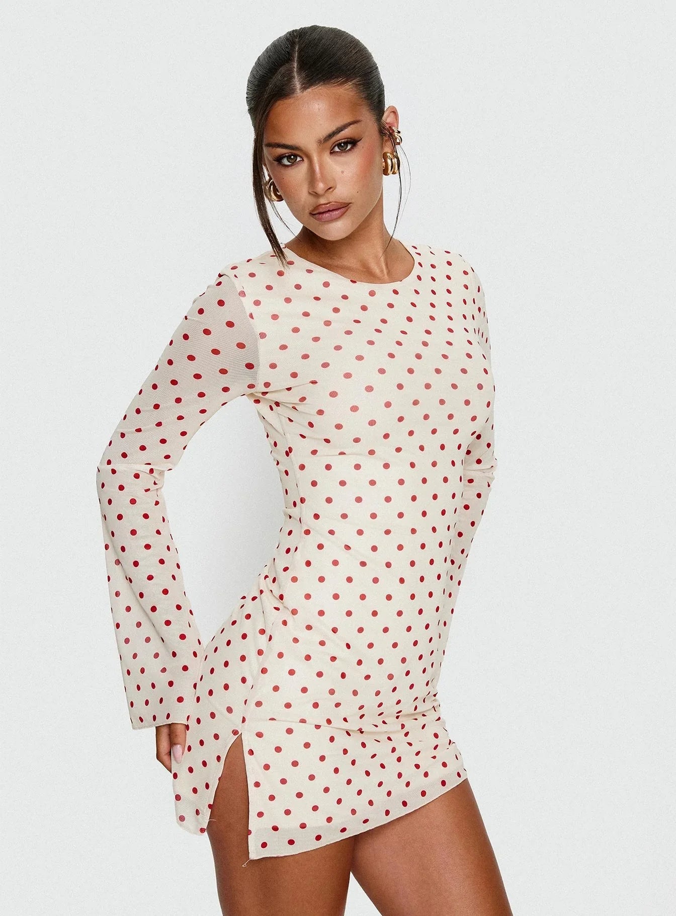 Nyxia Long Sleeve Mini Dress Cream Red Polka