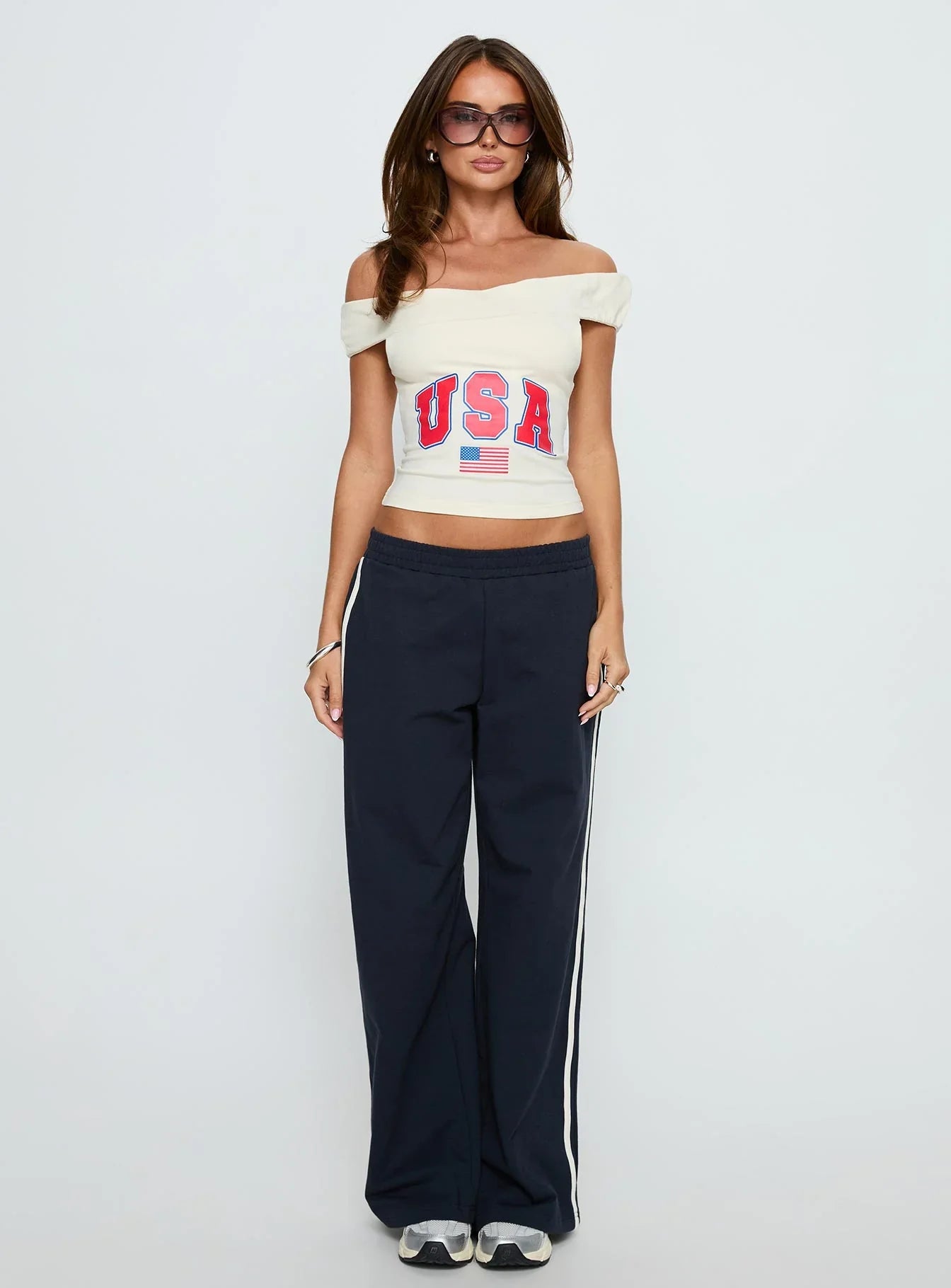 American Spirit Off the Shoulder Graphic Top Cream