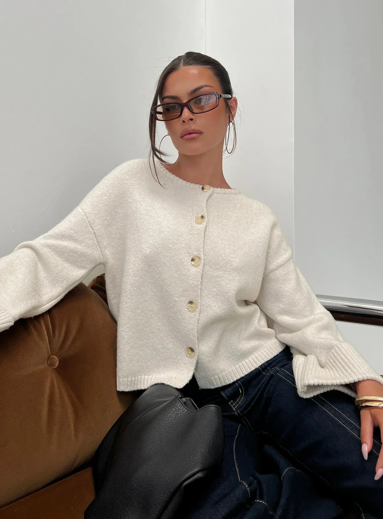 Shinead Cuffed Knit Cardigan White