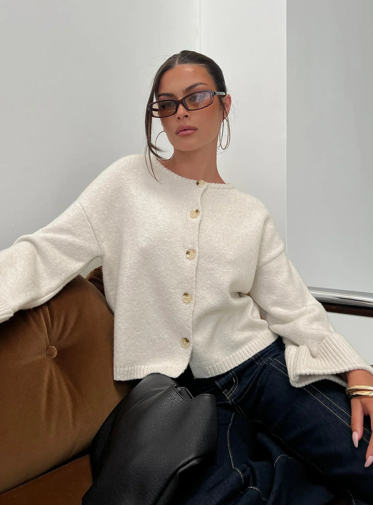 Shinead Cuffed Knit Cardigan White