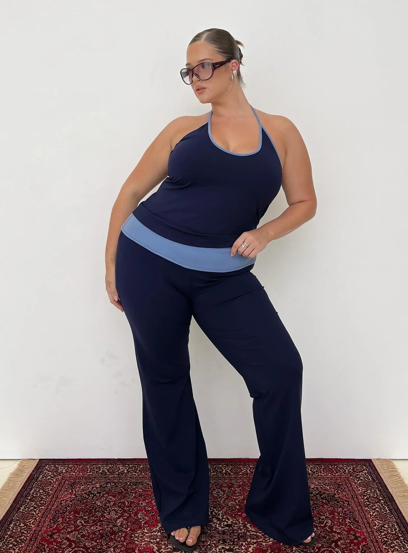 Kobee Jersey Flare Pants Navy / Light Blue Curve