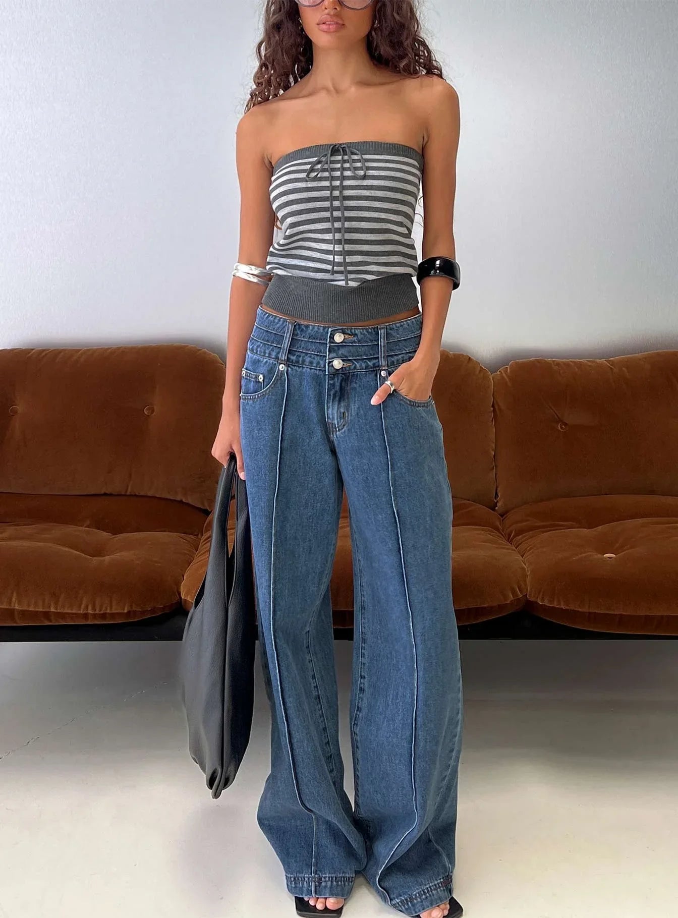 Hannalee Low Rise Wide Leg Jeans Mid Blue Wash