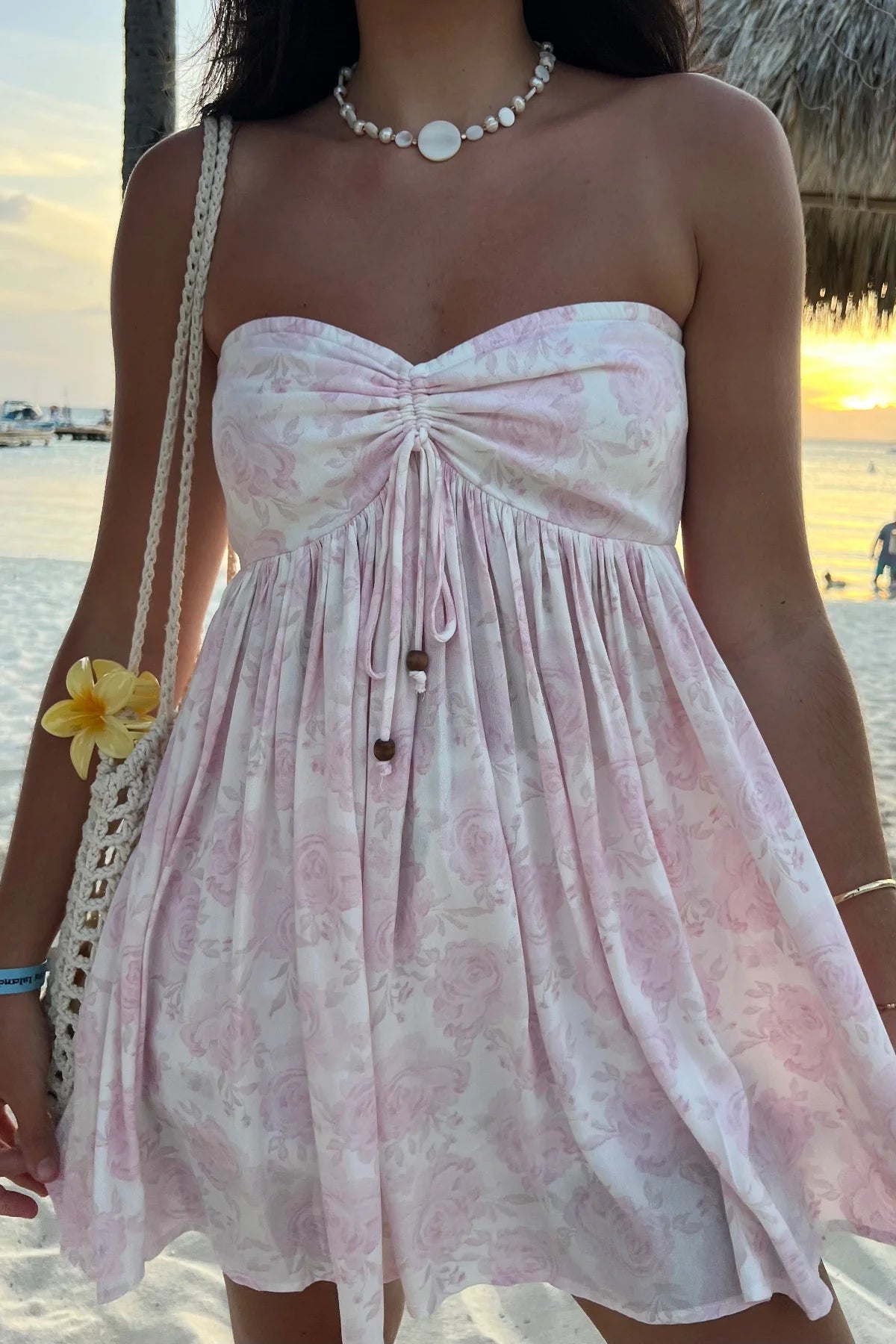 Lena Light Pink Floral Print Strapless Mini Dress