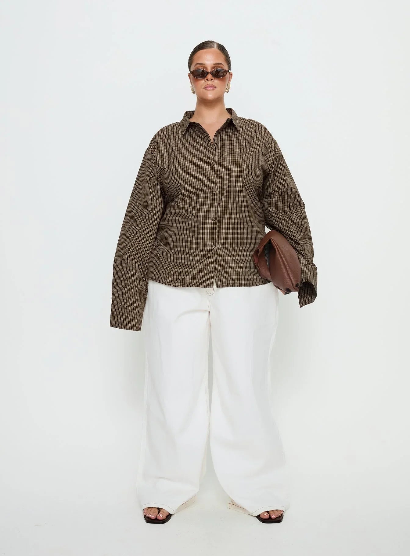 Xinia Tie Waist Long Sleeve Shirt Brown Check Curve