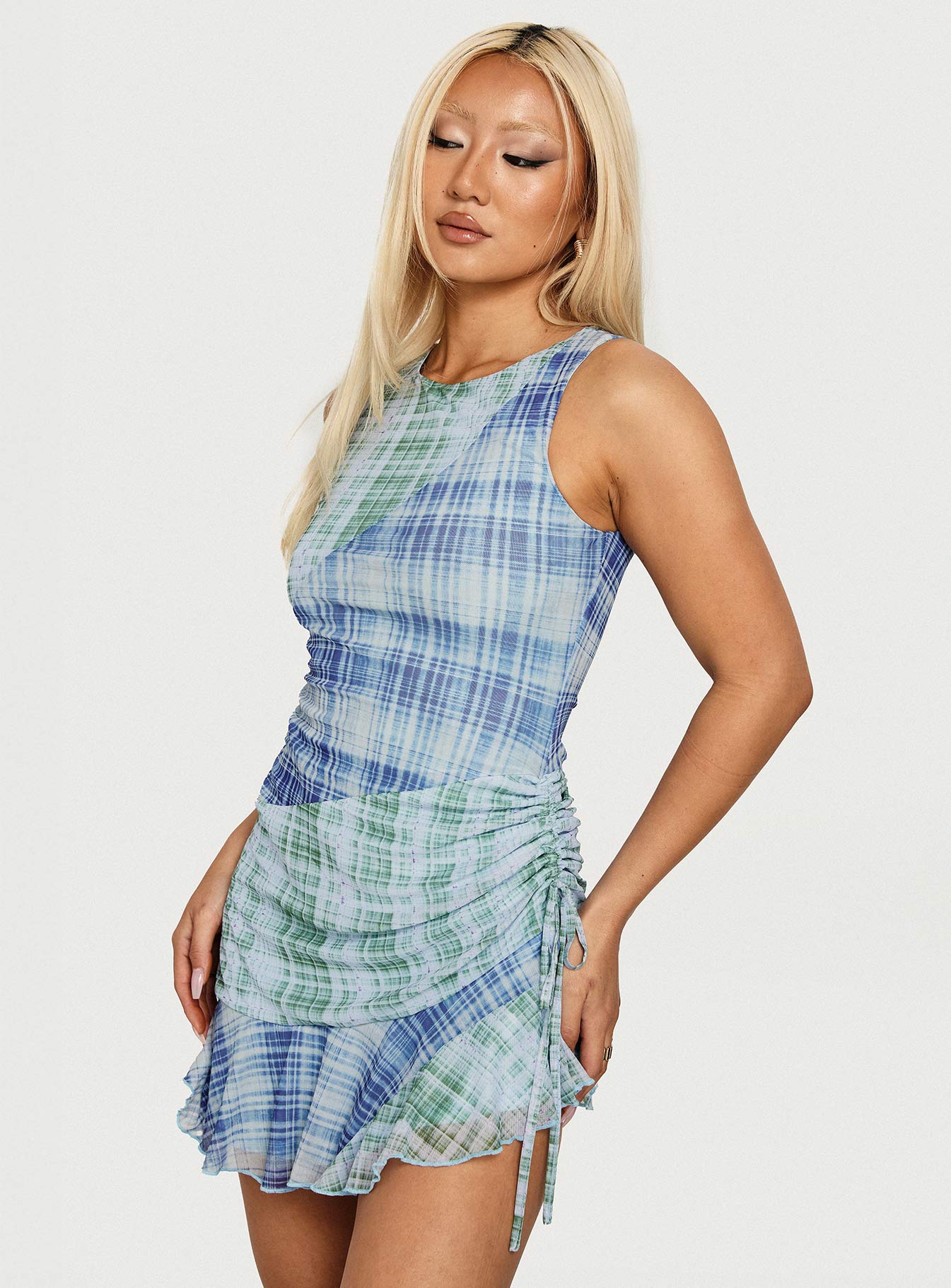Timelapse Asymmetrical Splice Mini Dress Blue Green Plaid