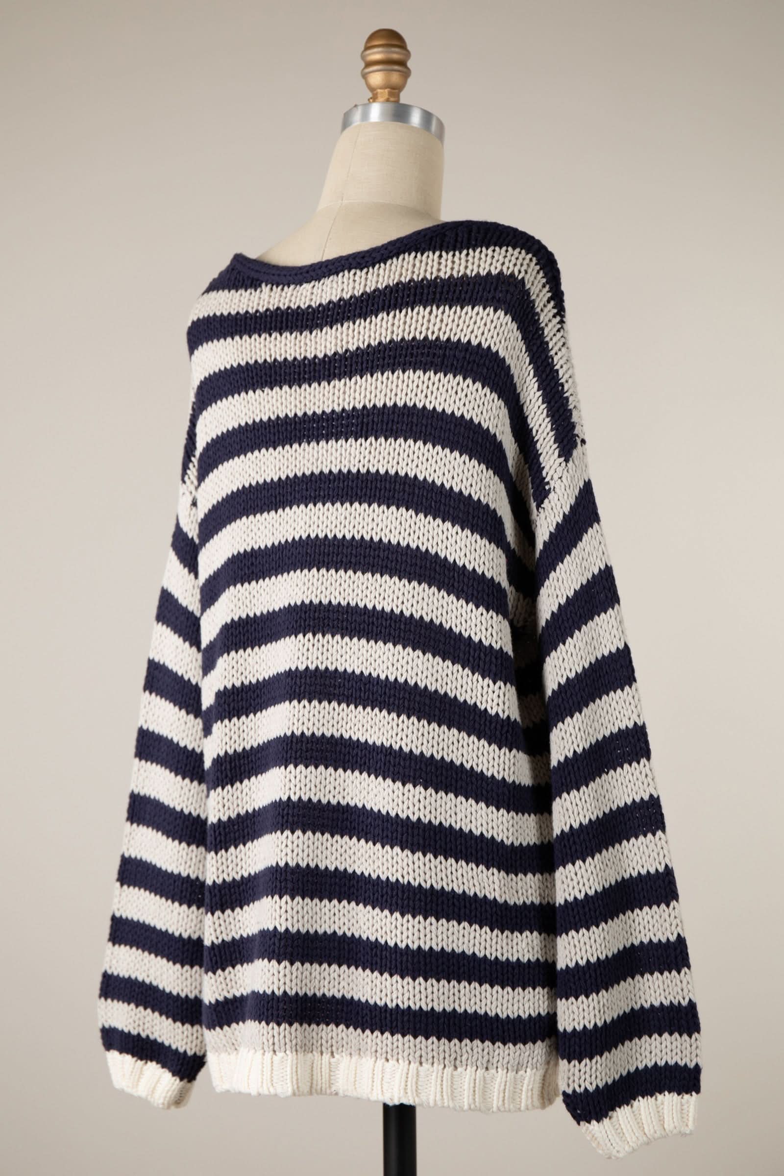 Lia Denim Stripe Oversized V Neck Sweater Top