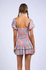 Mimi Aqua Pink Floral Puff Sleeve Mini Dress