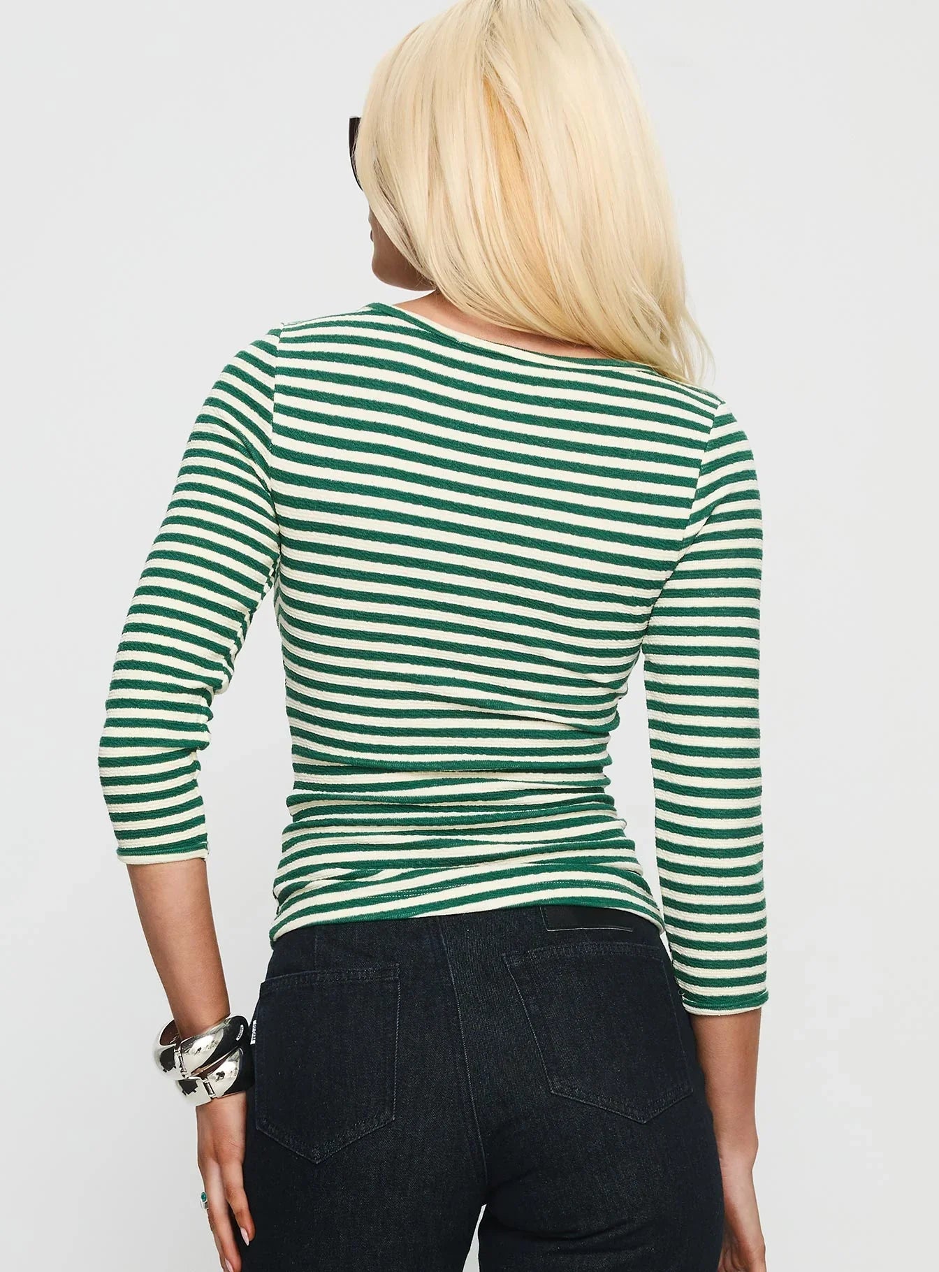 Missouri 3 4 Sleeve Textured Top Green Stripe