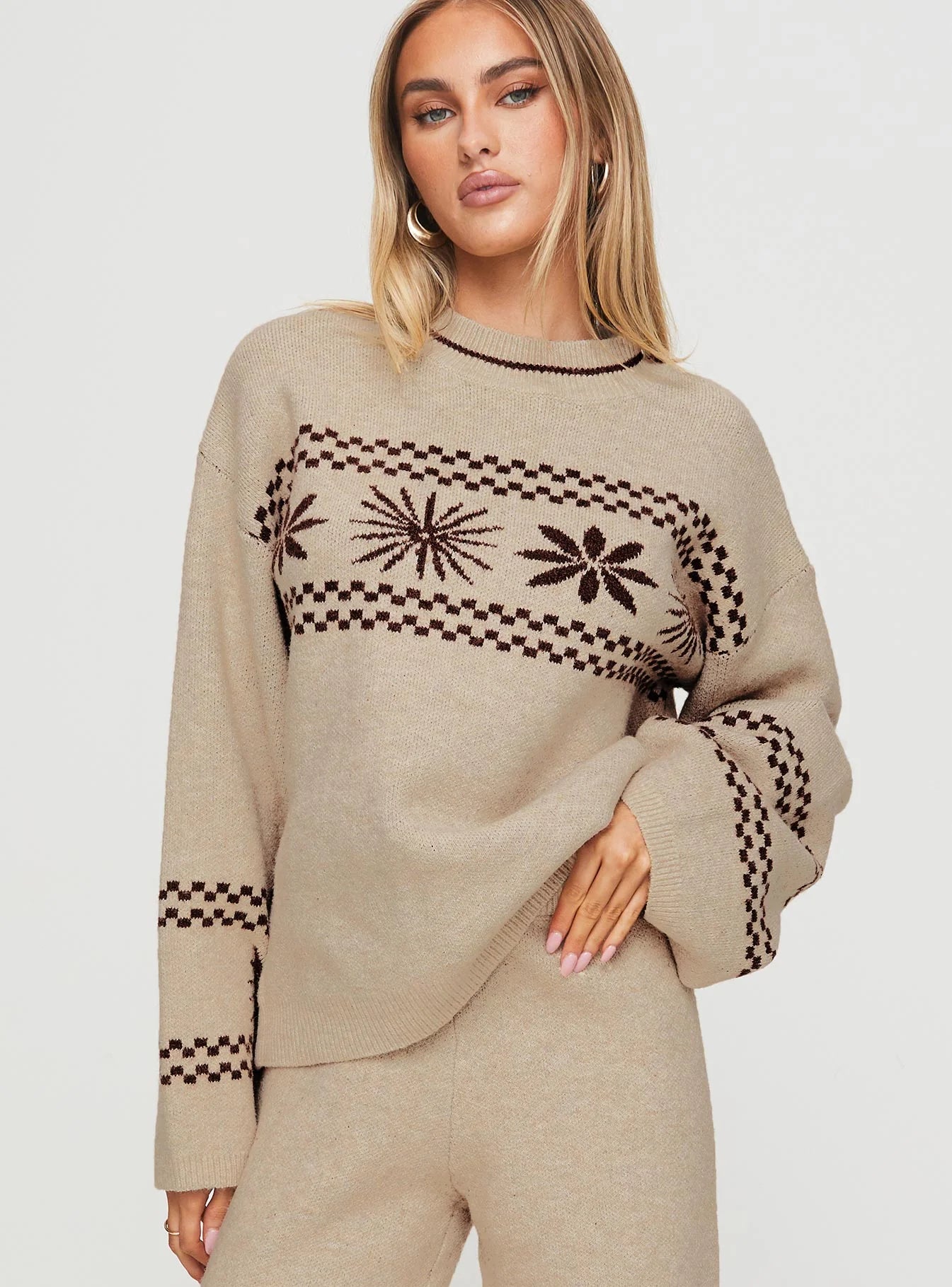 Anok Graphic Sweater Cream Brown