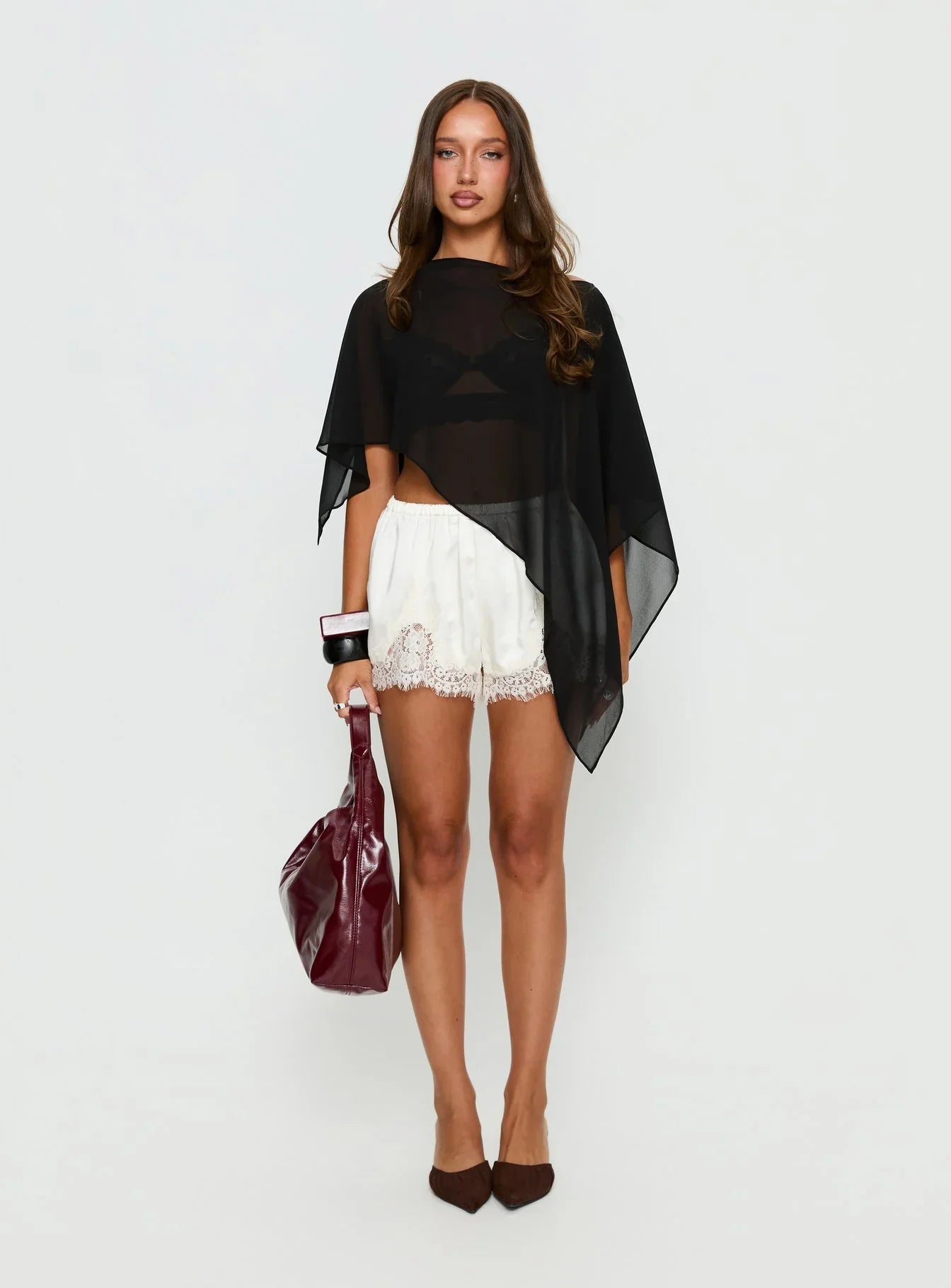 Parisse Satin Lace Trim Shorts Off White