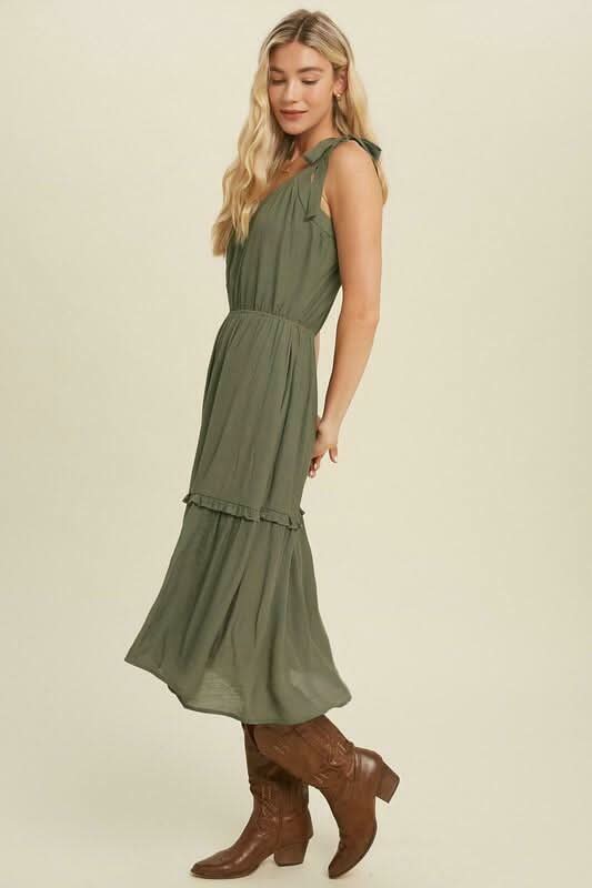 Why Wait Olive Tie Strap Midi Dress