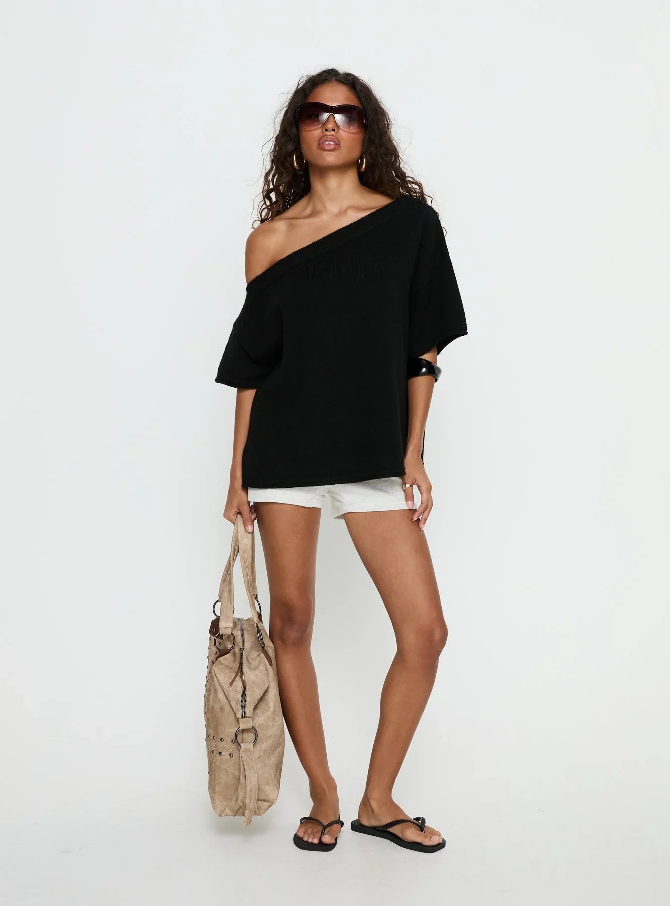 Kourta Off Shoulder Oversized Knit Top Black