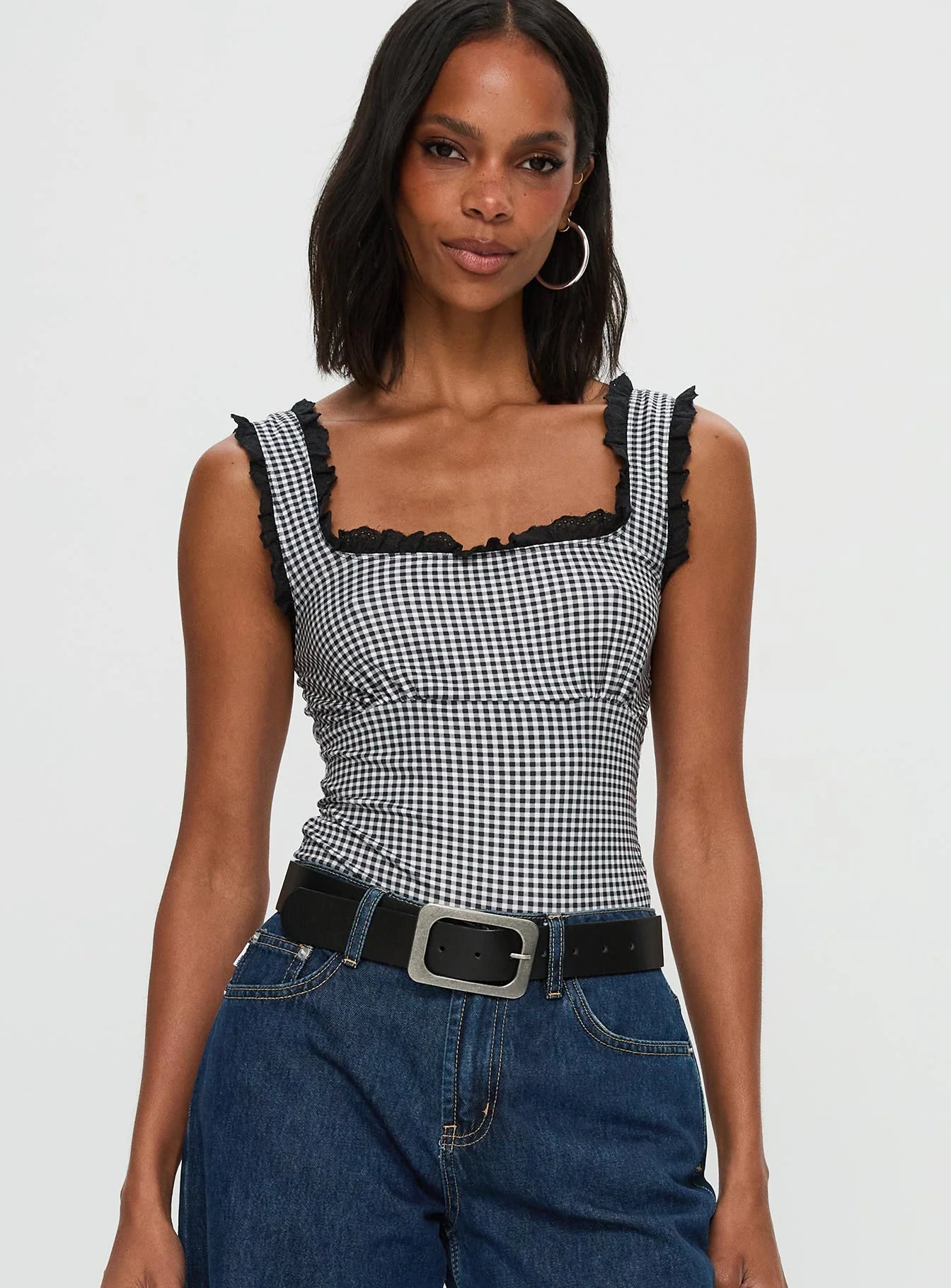 Trustfund Lace Trim Bodysuit Black White Check