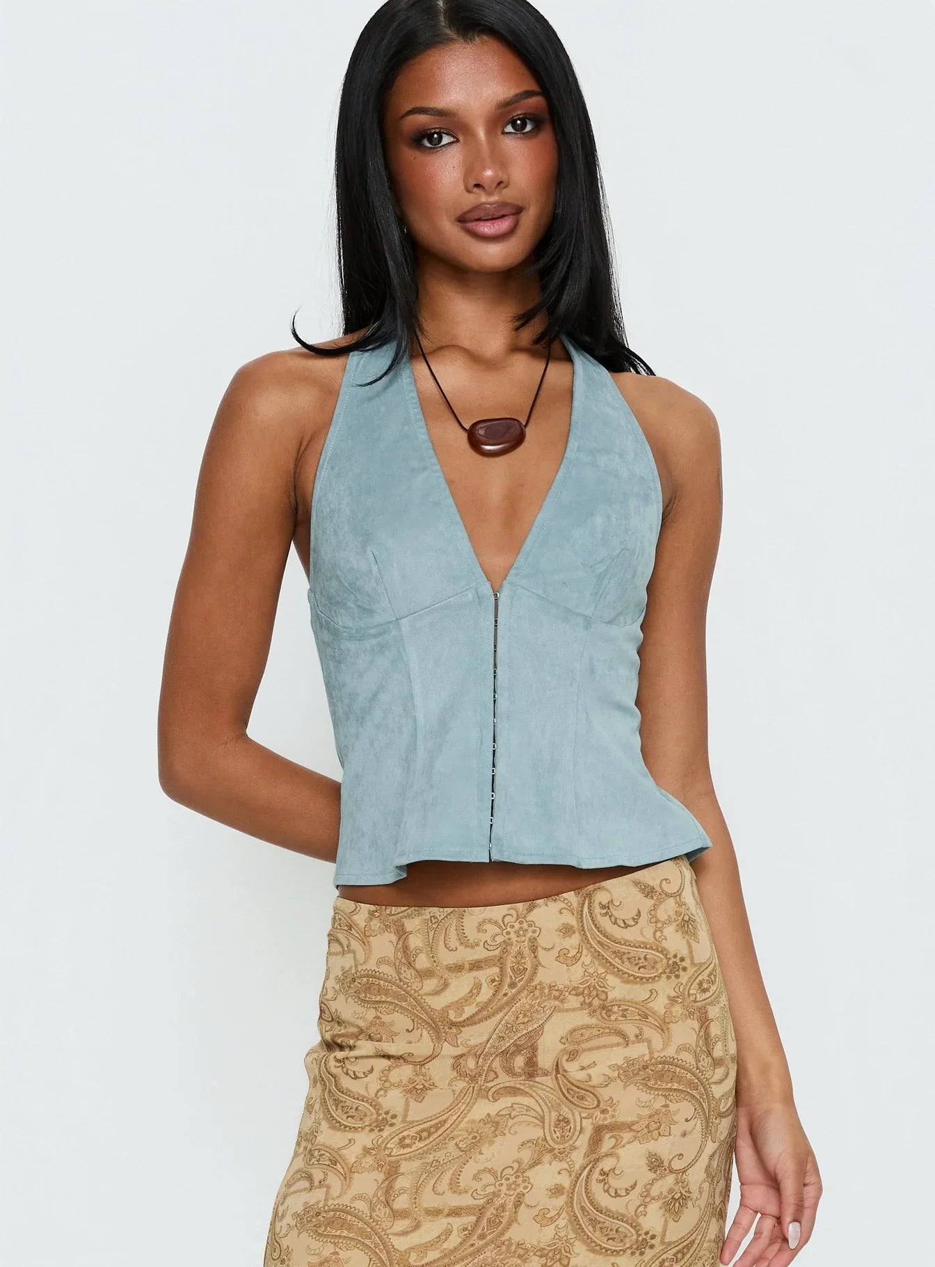 Dalyah Faux Suede Halter Top Soft Blue