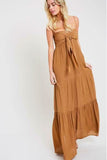 Falling In Love Tie Front Tiered Camel Maxi Dress