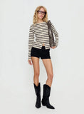 Marvella Button Up Long sleeve Top Dark Grey Cream Stripe
