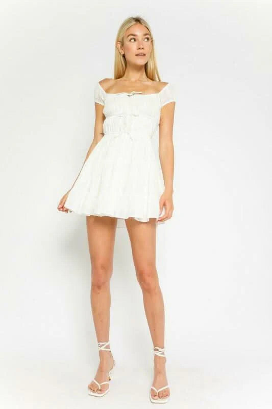 Lexi White Swiss Dot Off the Shoulder Skater Dress