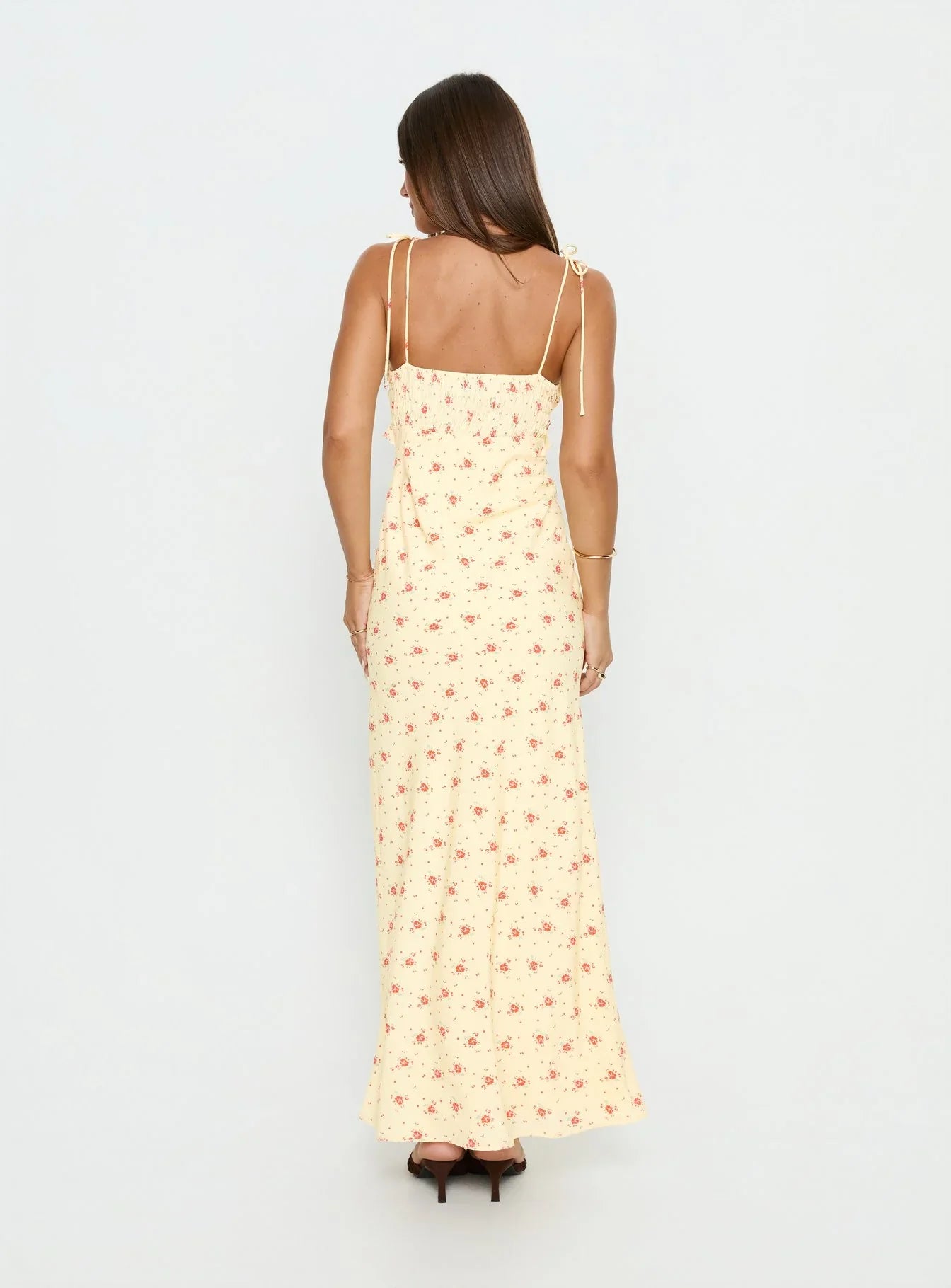 Morcar Frill V Neck Maxi Dress Yellow Floral