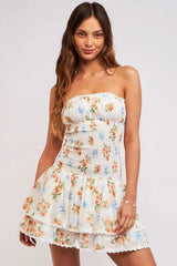 Lyla White Floral Strapless Drop Waist Mini