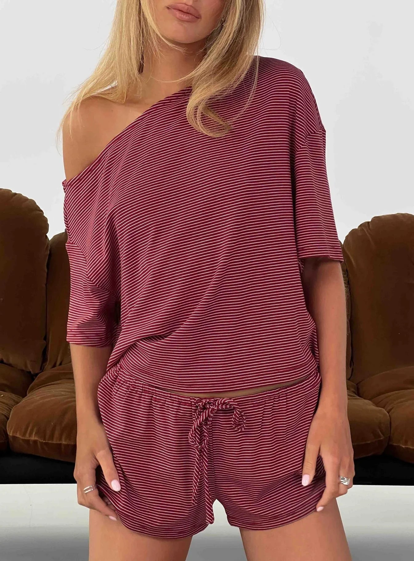 Sugar Surge Off Shoulder Sleep Top Cherry Stripe