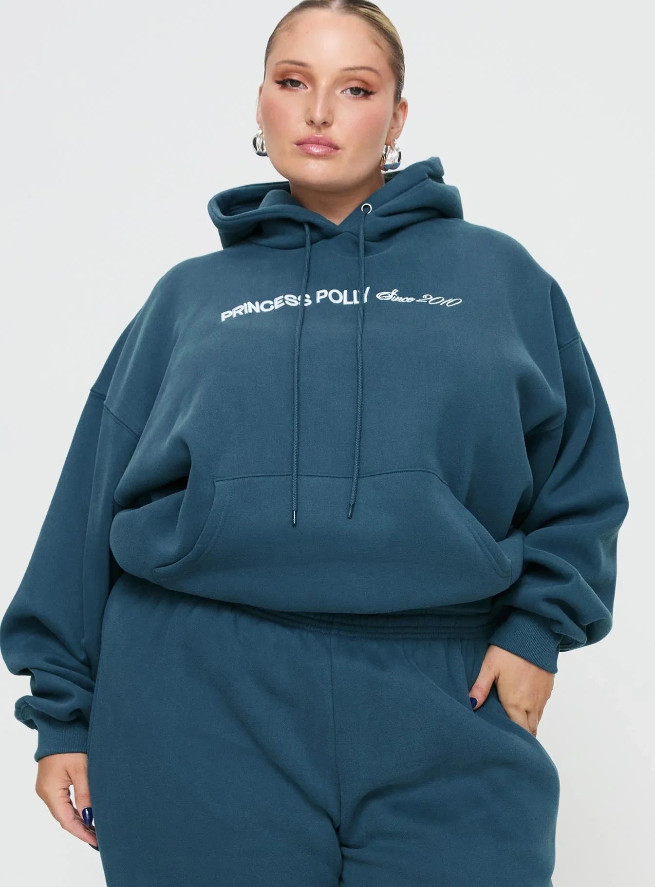 Princess Polly Hooded Sweatshirt Block Cursive Text Slate Curve