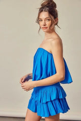Monaco Paradise Blue Strapless Ruffle Romper