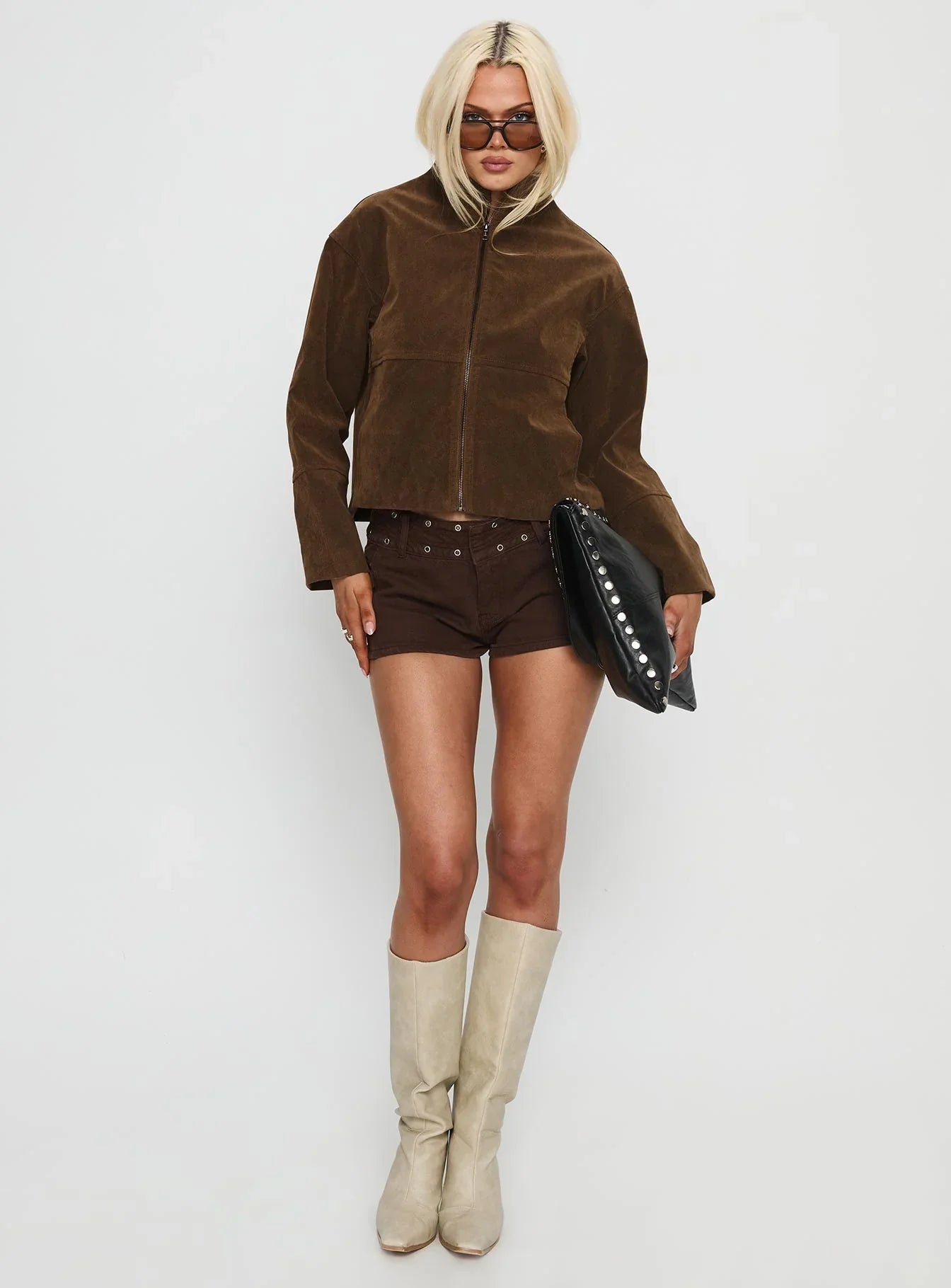 Jessalynn Faux Suede Zip Through Jacket Brown